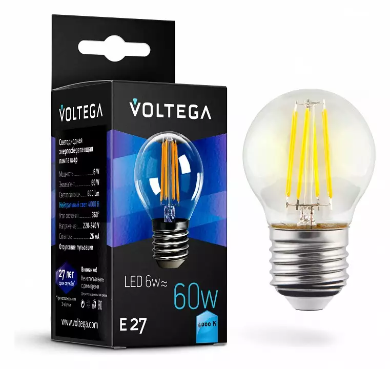 Лампа светодиодная Voltega Crystal E27 6Вт 4000K 7024 0_VG10-G1E27cold6W-F.webp big