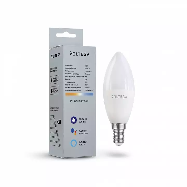 Лампа светодиодная с управлением через Wi-Fi Voltega Wi-Fi bulbs E14 5Вт 2700-6500K 2427 3_VG-C37E14cct-WIFI-5W.webp big