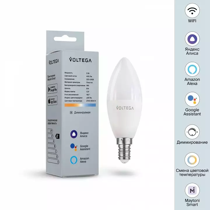Лампа светодиодная с управлением через Wi-Fi Voltega Wi-Fi bulbs E14 5Вт 2700-6500K 2427 4_VG-C37E14cct-WIFI-5W.webp big