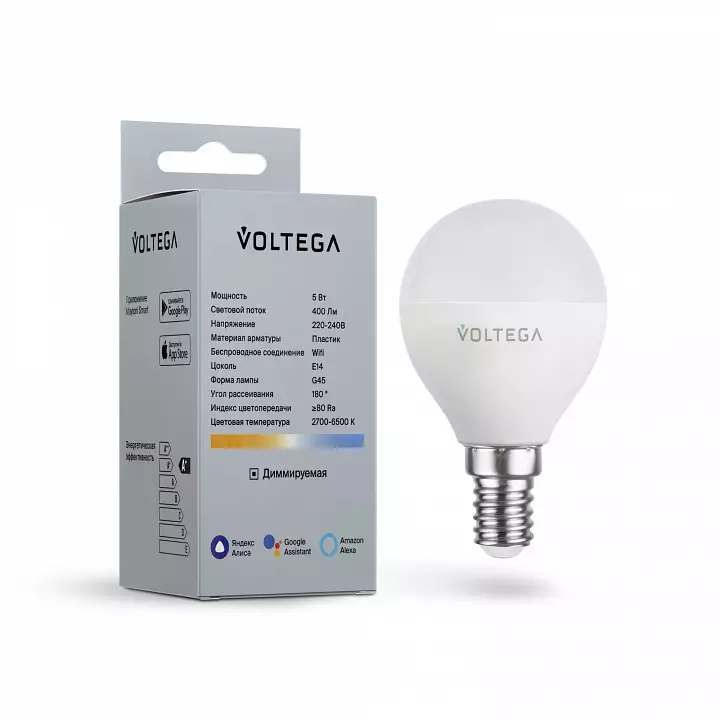 Лампа светодиодная с управлением через Wi-Fi Voltega Wi-Fi bulbs E14 5Вт 2700-6500K 2428 3_VG-G45E14cct-WIFI-5W.webp big