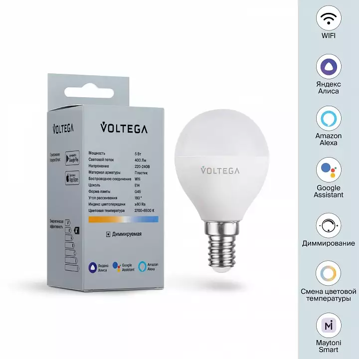 Лампа светодиодная с управлением через Wi-Fi Voltega Wi-Fi bulbs E14 5Вт 2700-6500K 2428 4_VG-G45E14cct-WIFI-5W.webp big