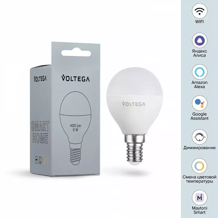 Лампа светодиодная с управлением через Wi-Fi Voltega Wi-Fi bulbs E14 5Вт 2700-6500K 2428 5_VG-G45E14cct-WIFI-5W.webp big