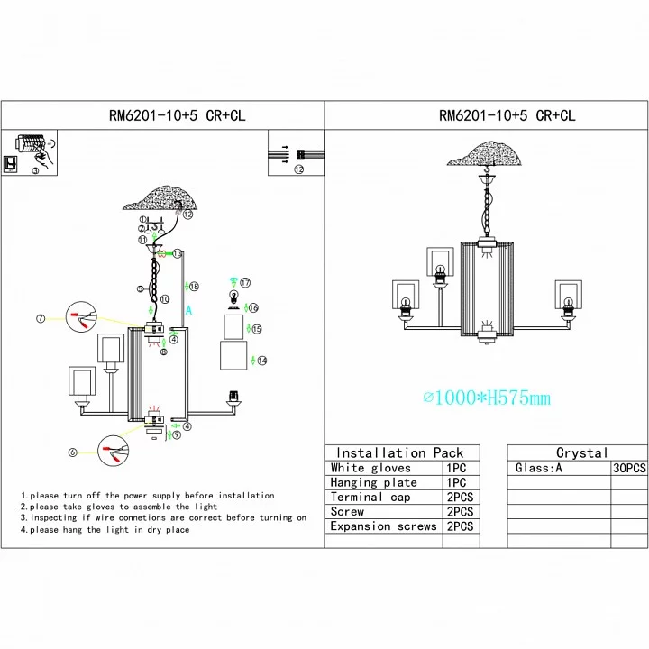 Подвесная люстра iLamp King RM6201-10+5 CR+CL 1_La_RM6201-10_5_CR_CL.webp big